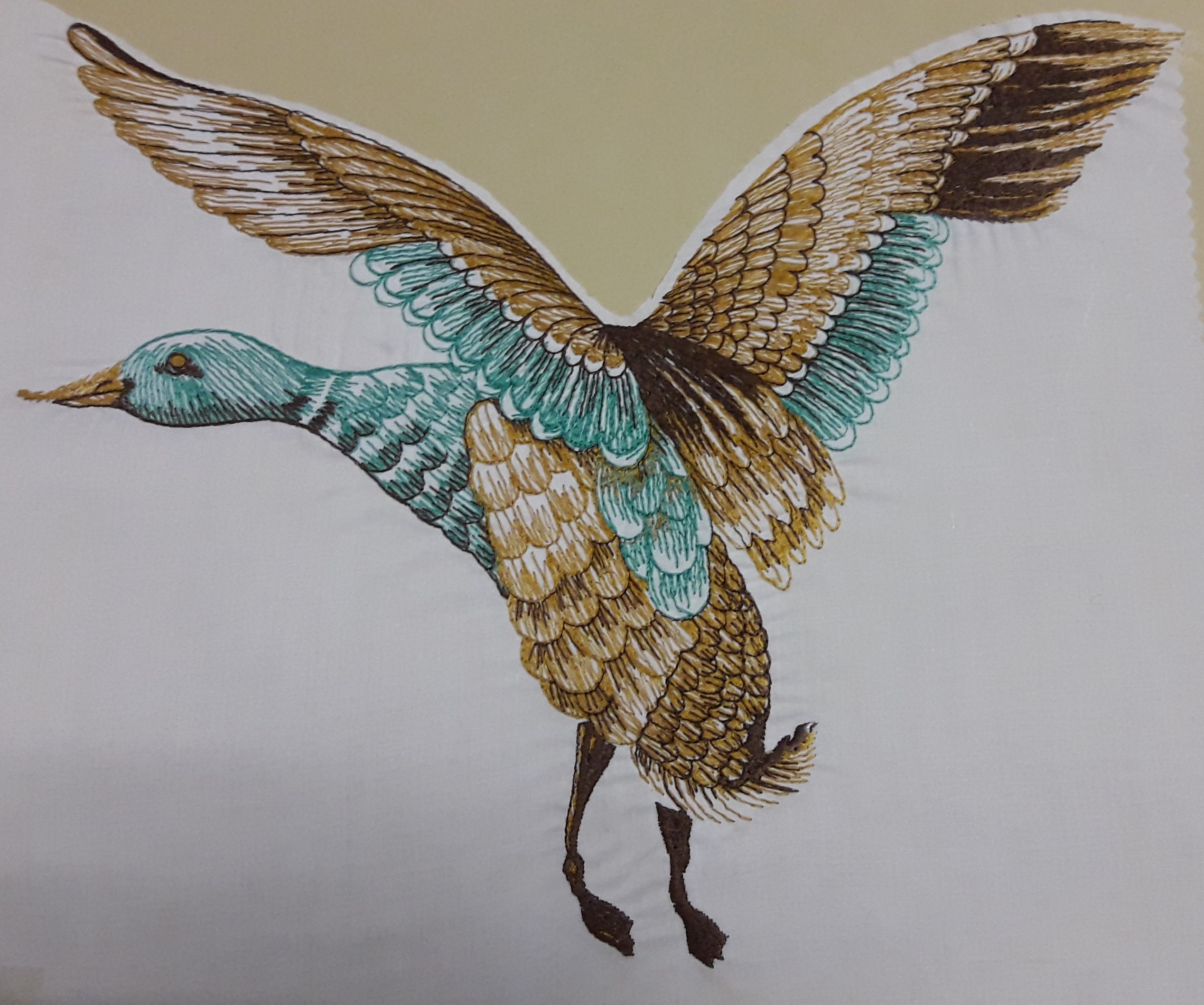 Anatra selvatica in volo, ricamata