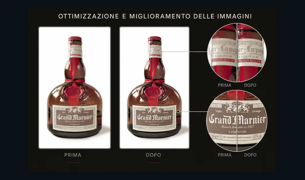 Etichetta di una bottiglia ridisegnata vettorialmente, con nitidezza e definizione dei dettagli ottimizzate rispetto all'originale.