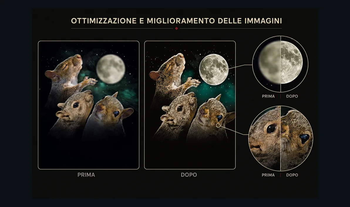 Illustrazione vettoriale di tre scoiattoli sotto la luna, ridisegnata a partire da una fotografia con contorni e dettagli raffinati.