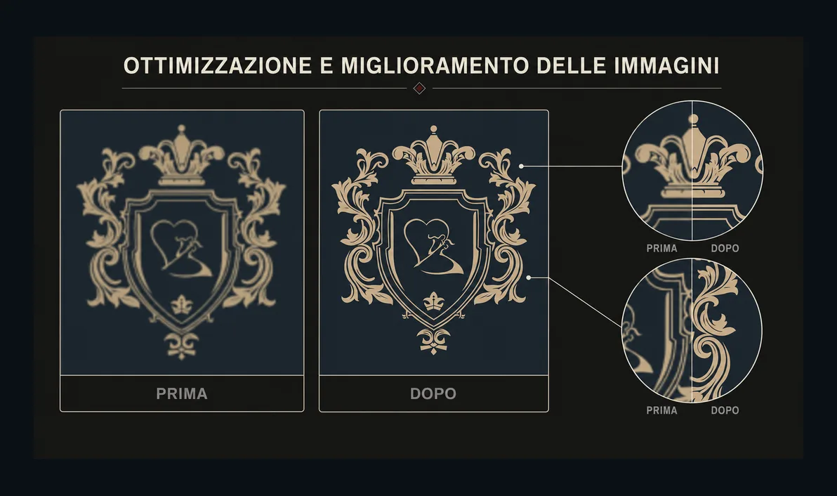 Stemma araldico ornamentale vettorializzato: dal disegno originale sfocato a una grafica vettoriale nitida, pronta per il ricamo.