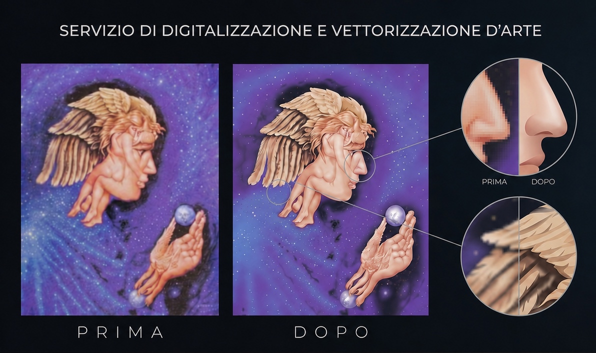 Confronto prima e dopo: digitalizzazione e vettorializzazione d'arte, con dettagli ingranditi del ridisegno vettoriale.