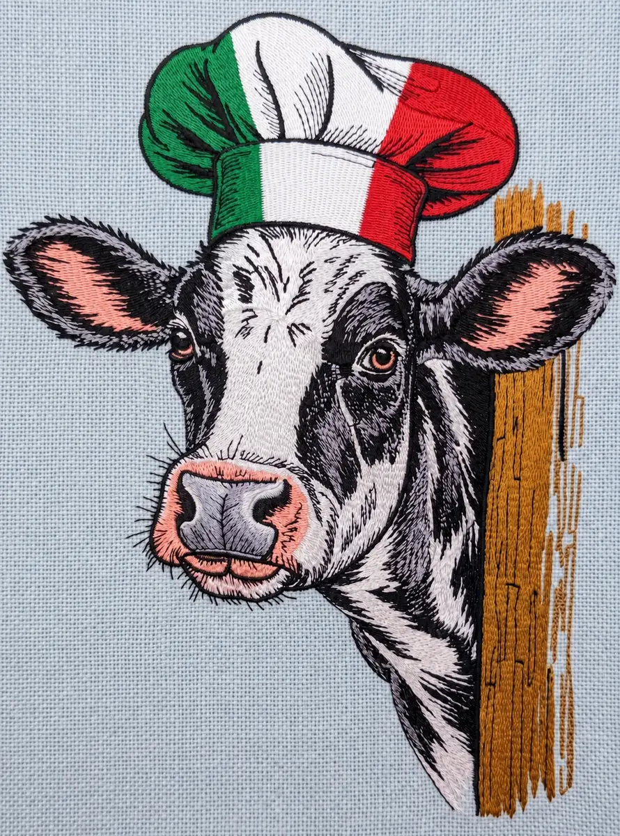 Ritratto di mucca ricamato con cappello da chef tricolore italiano