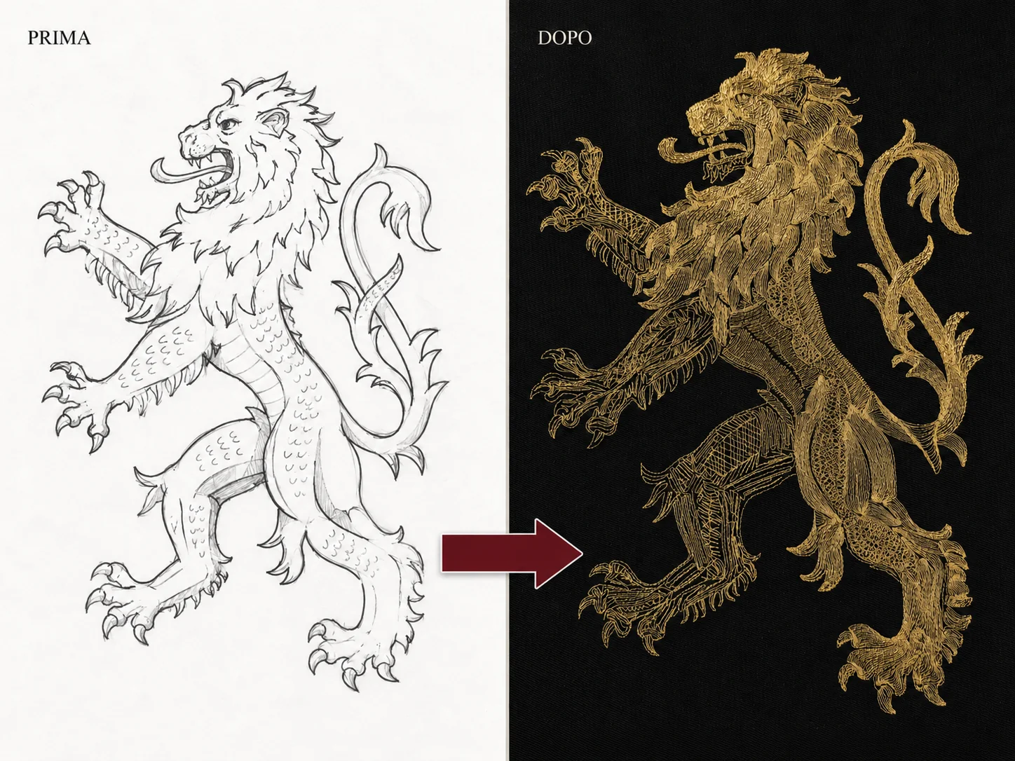 Dal disegno a matita al ricamo in filo dorato: prima e dopo della punciatura di un leone araldico.