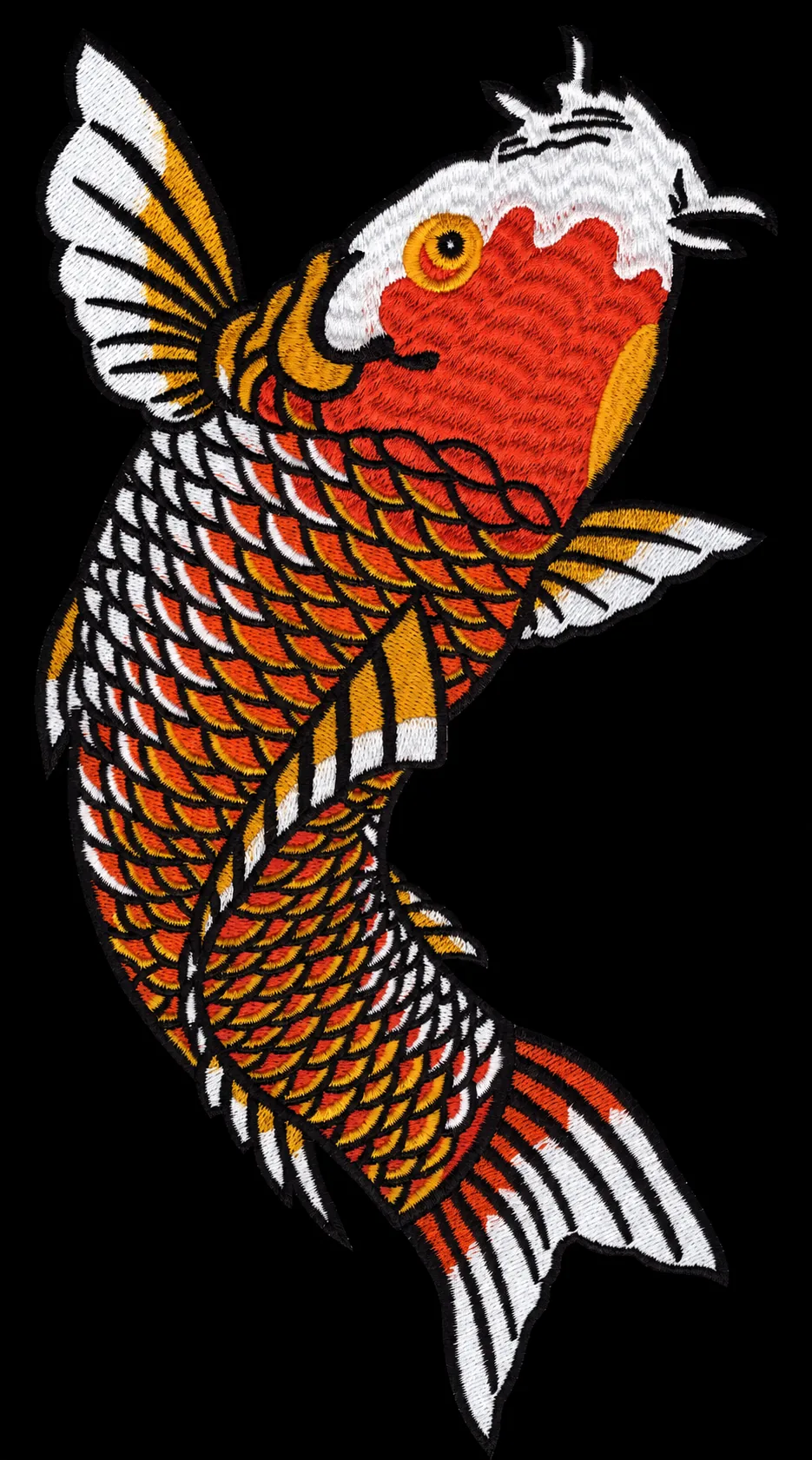 Carpa koi ricamata in rosso e oro su fondo nero