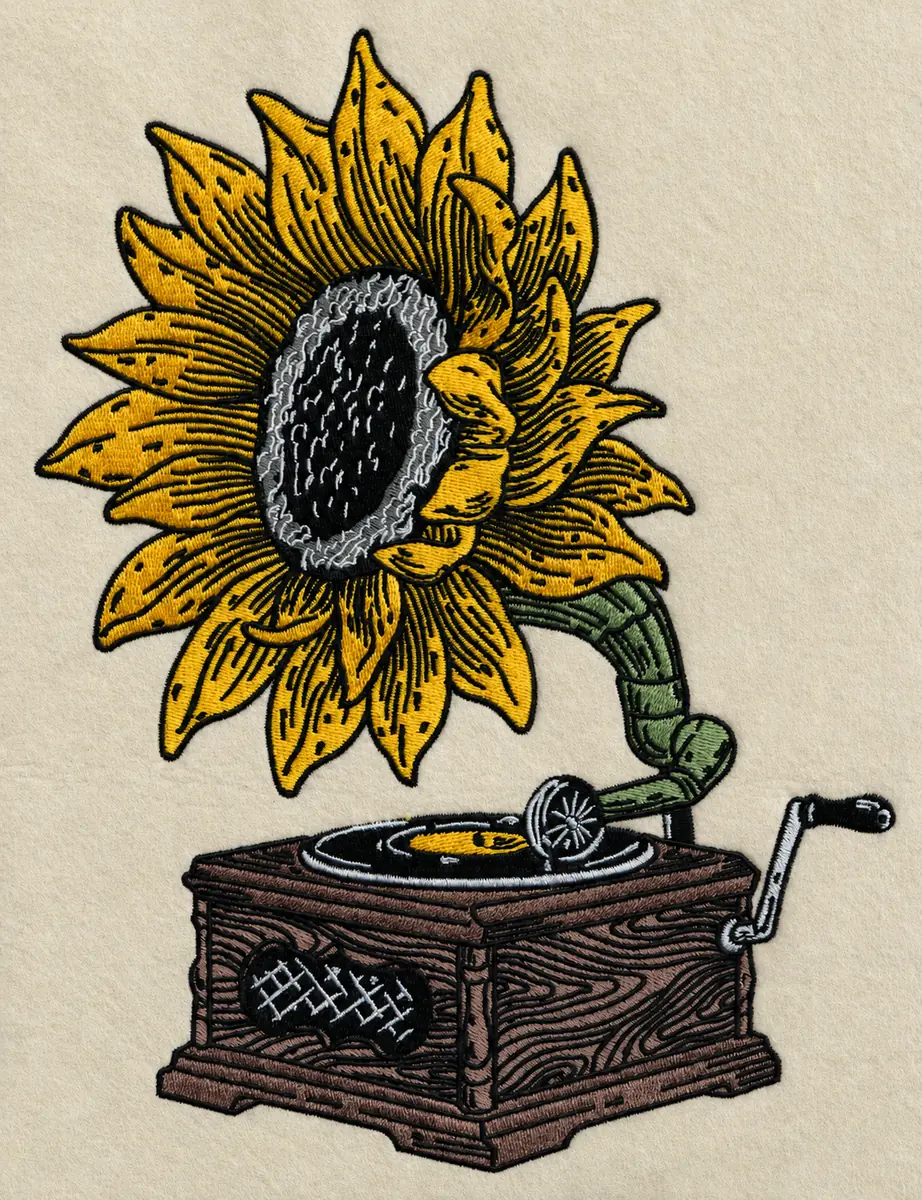 Girasole ricamato a forma di tromba di un grammofono d'epoca